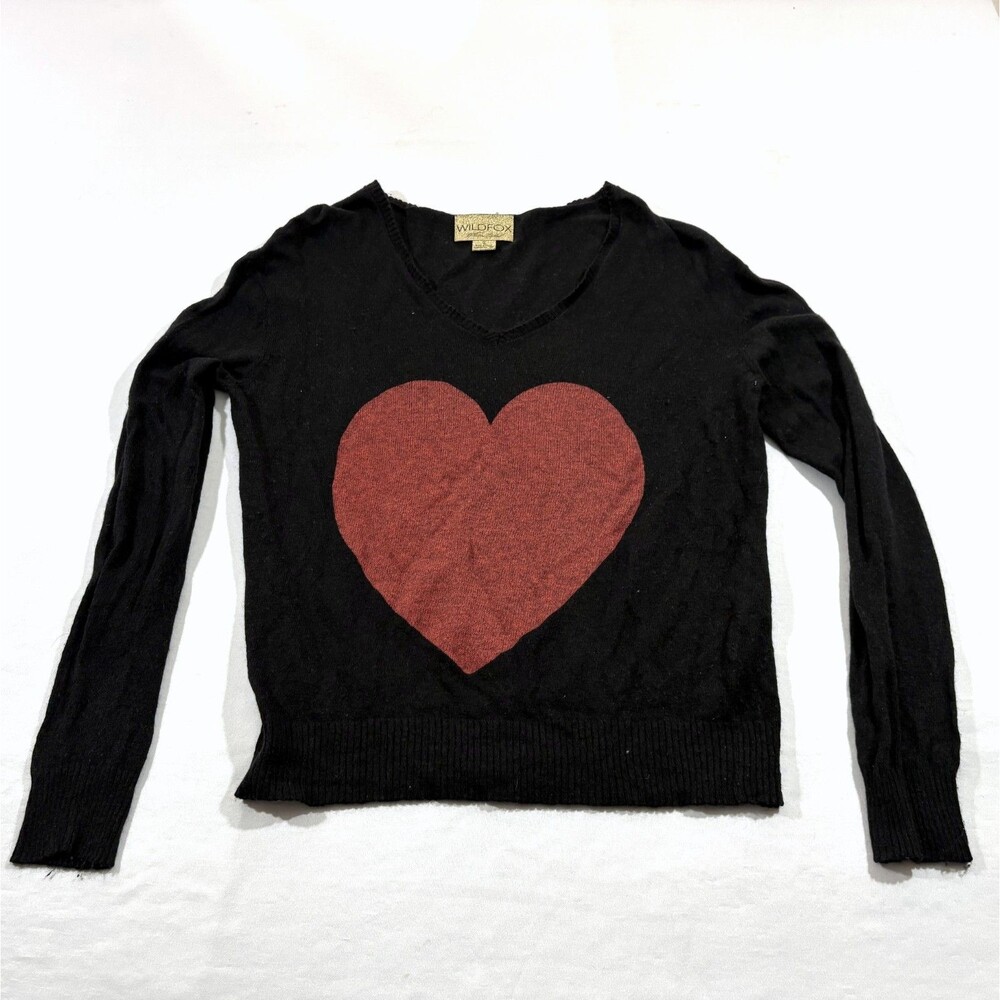 Wildfox Black Womens Heart Baggy Beach V Neck Angora Blend Sweater Grunge Sz S